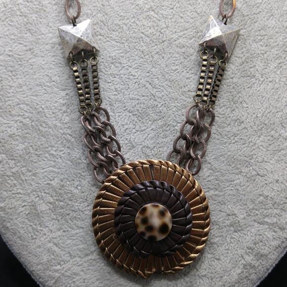 Boho Mixed Metal Colored Pendant Necklace,  Leather Woven Pendant, 22 Inches - Picture 2 of 8